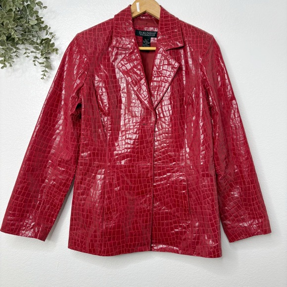 Dialogue Embossed Croc Leather Jacket Blazer Small Red Button Front - Picture 1 of 5